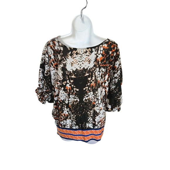 ECI Women's Black and Orange Abstract Blouse - Picture 2 of 10